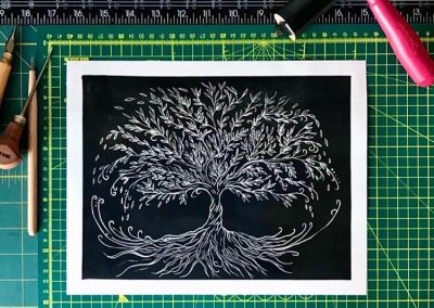 tree lino print by Jonny Scaramuzza for thought press project