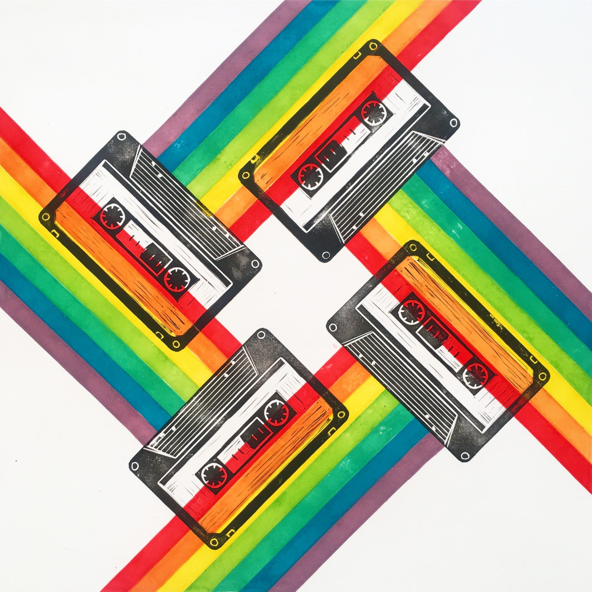 Lino print of cassette tapes with rainbow background