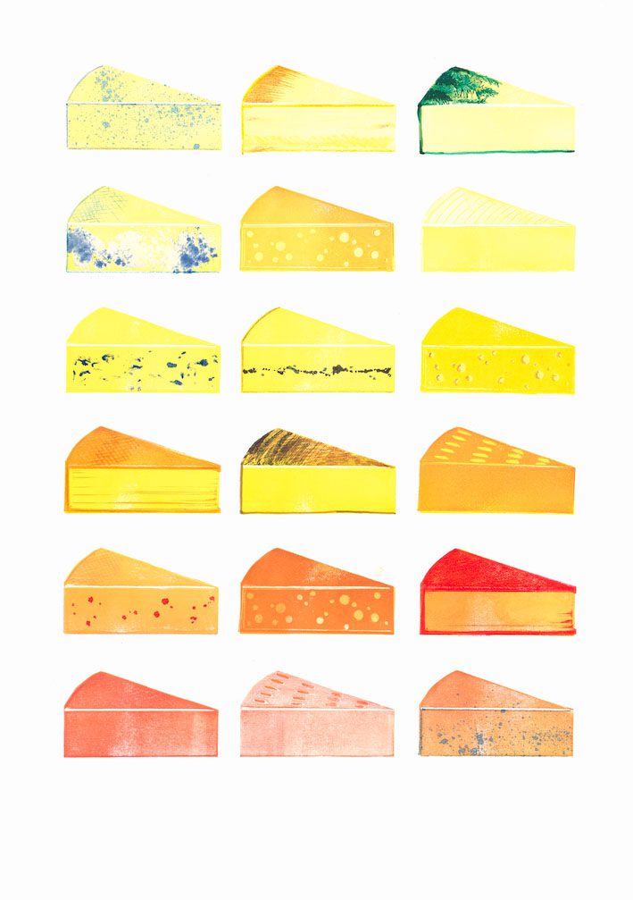 Lino print of slices of cheese