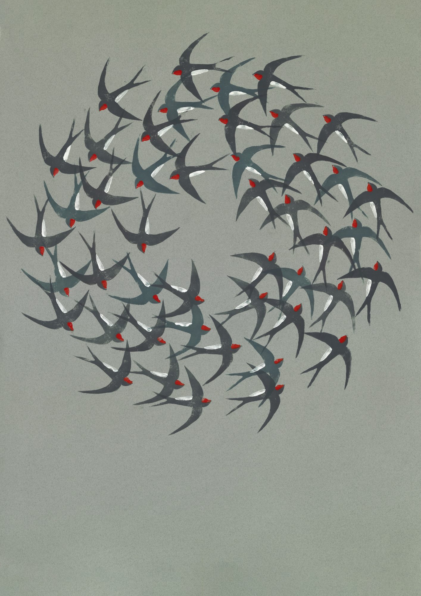 Linoprint of swallows flying in a circle