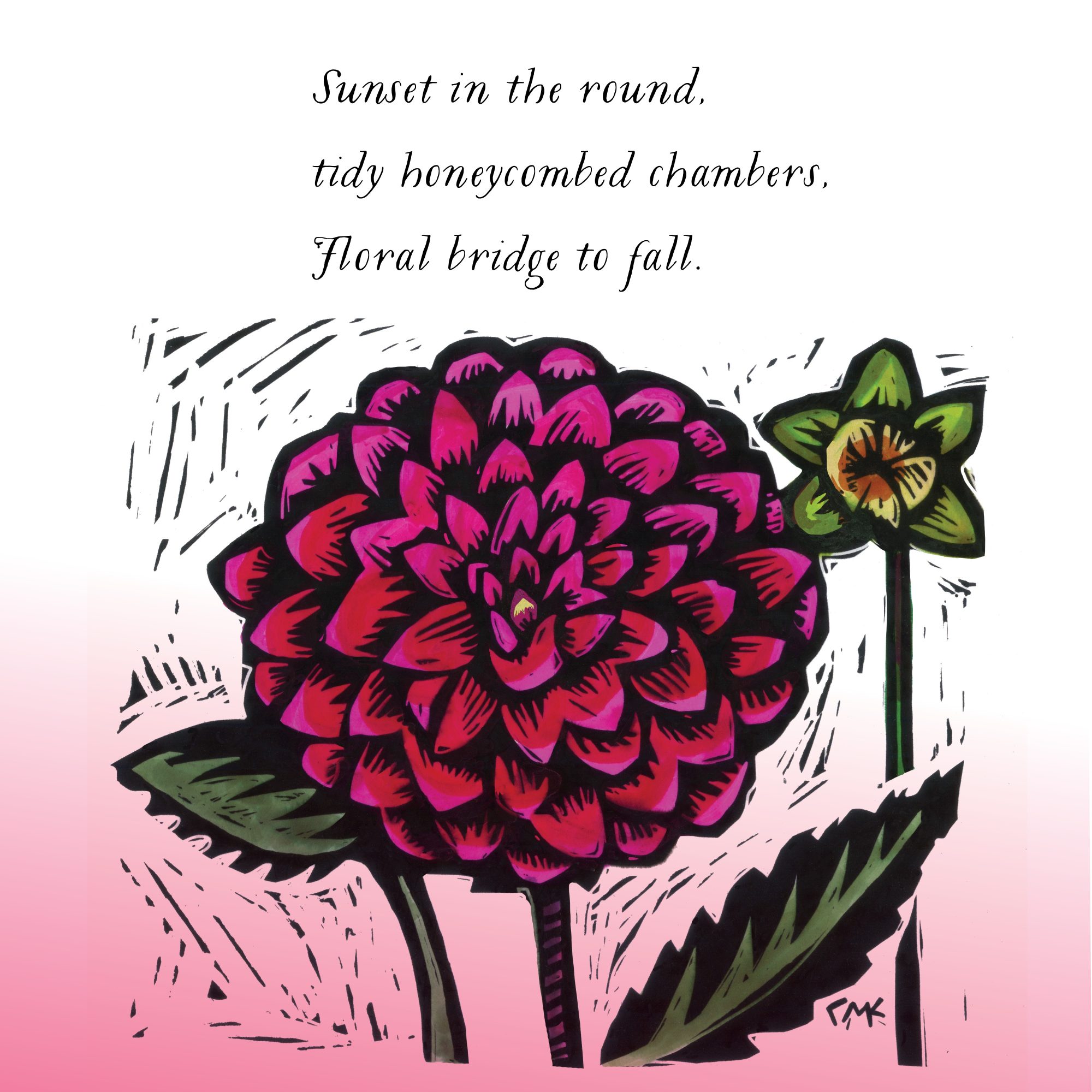 scraperboard scratchboard illustration of a pink flower