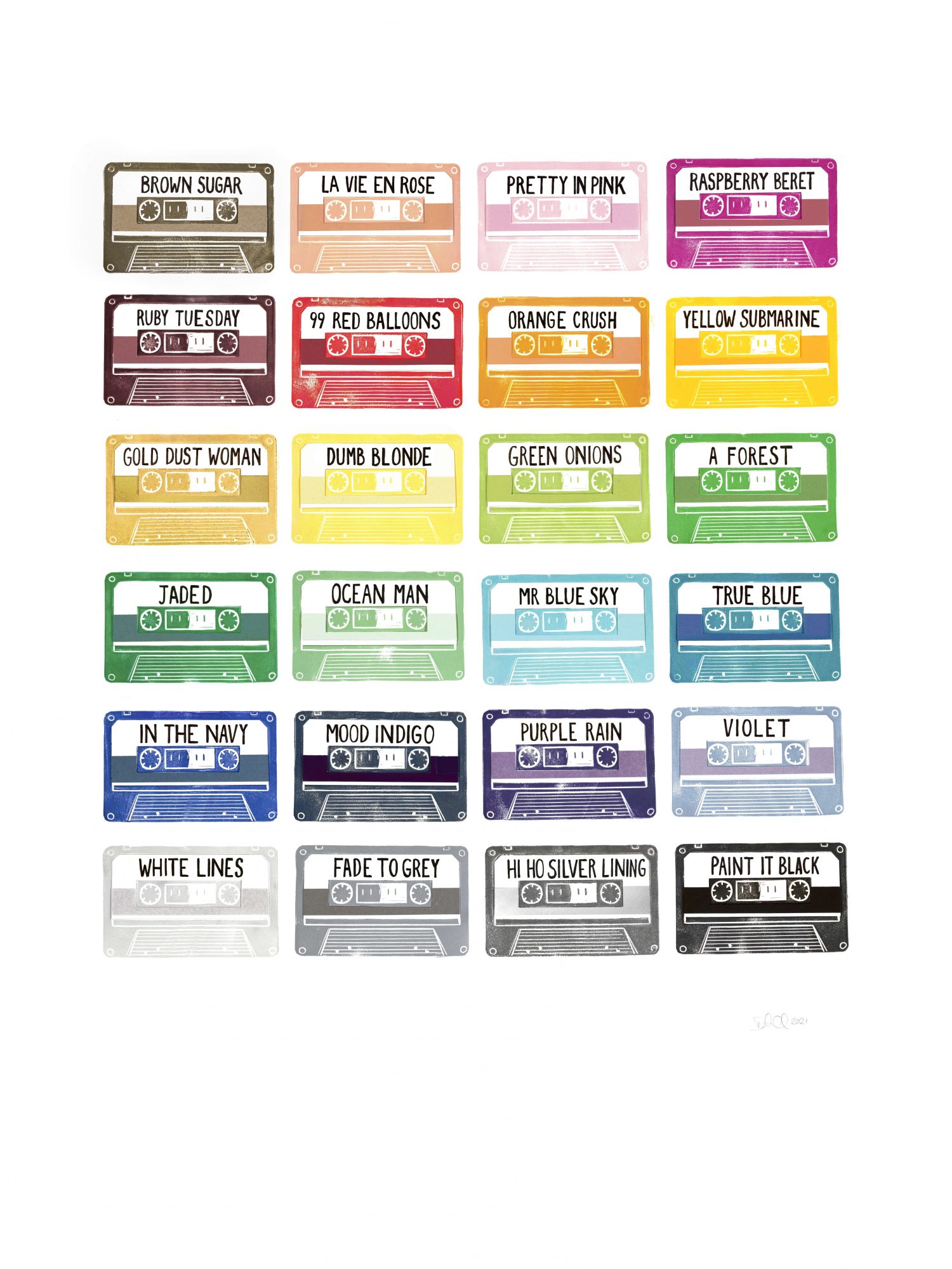 Linoprint of cassette tapes in different colours