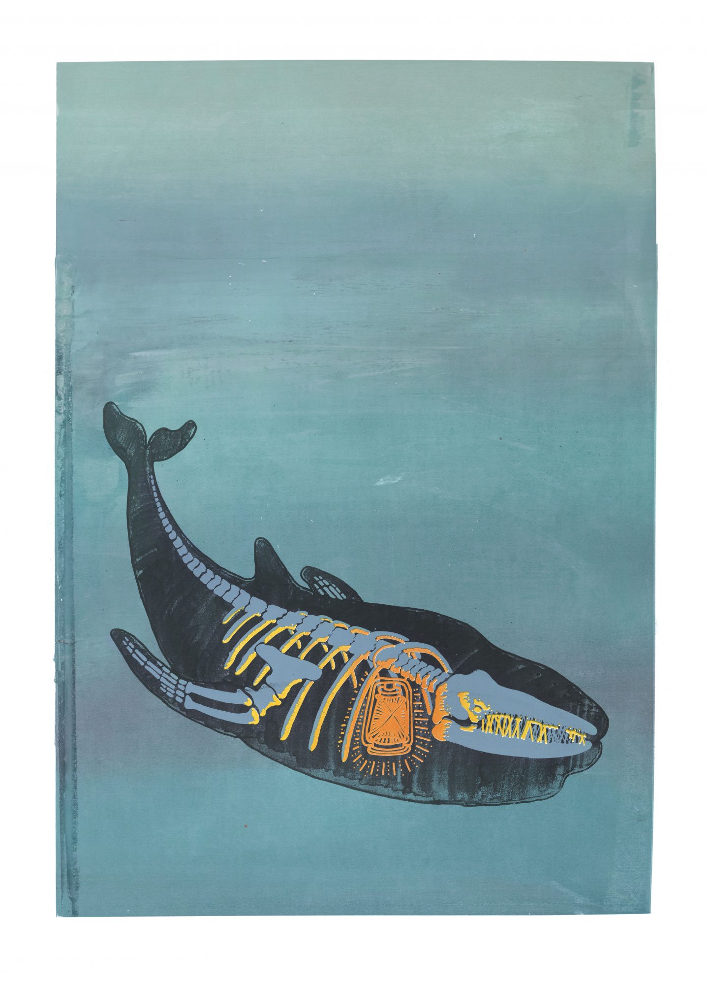 Screen print of a lantern glowing inside a whale by Dave Hall