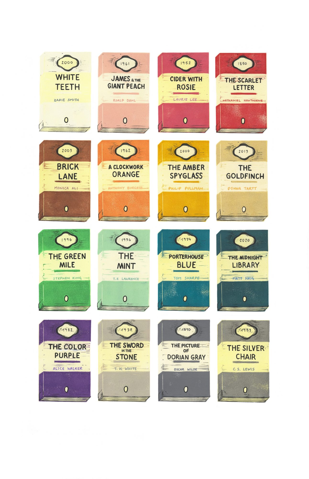 Linoprint of book covers in different colours