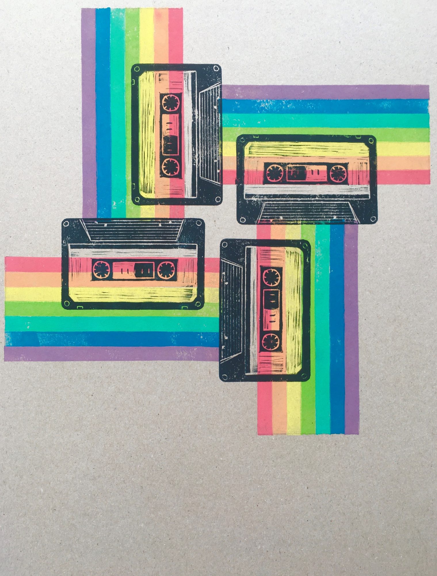 Lino print of cassette tapes with rainbow background