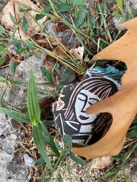 Discarded piece of coffee cup featuring an image of a lady by scraperboard artist Claudia McGehee