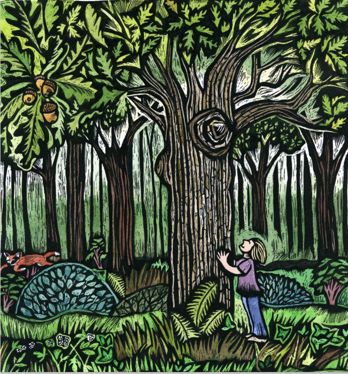 Scraperboard illustration of a child looking up at a large oak tree by Claudia McGehee